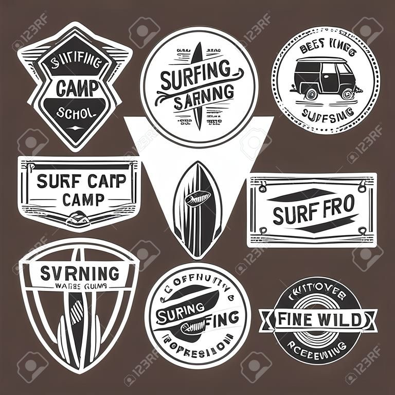 Surfing camp vintage isolated label set vector illustration. Kitesurfing school symbol. Wild wave icon. Surf riders logo. Extreme and fun water recreation. Surfboard, kite, van, surfer sign.