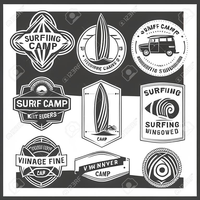 Surfing camp vintage isolated label set vector illustration. Kitesurfing school symbol. Wild wave icon. Surf riders logo. Extreme and fun water recreation. Surfboard, kite, van, surfer sign.