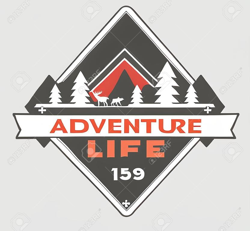 Adventure outdoor vintage isolated label vector illustration. Summer camping symbols. Mountain explorer icon. Wild life concept. Hiking logo. Mountains camping logo on white background