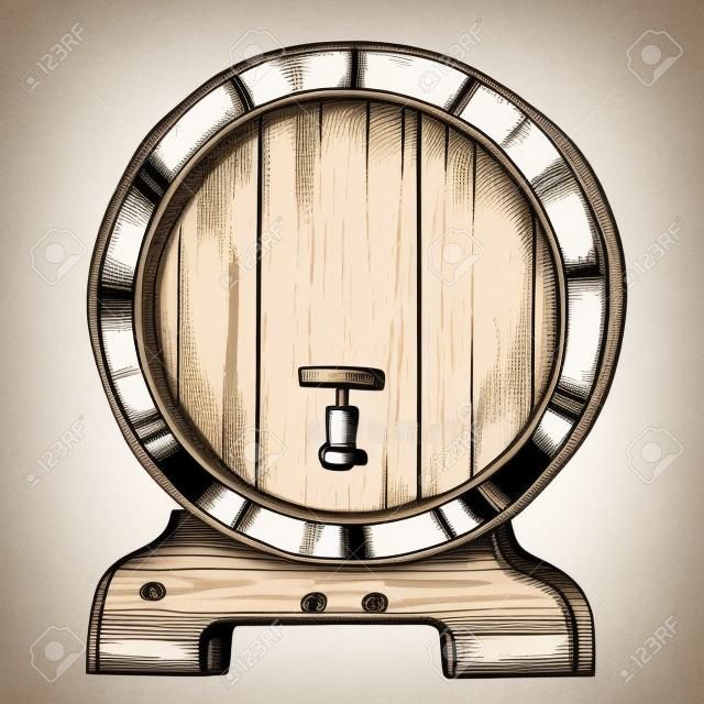 Tonneau en bois crayon dessin à main levée isolé sur fond blanc illustration vectorielle. tonneau en bois rond avec robinet sur le stand croquis dans le style vintage. L'alcool, le vin, la bière ou le whisky vieux baril de bois.