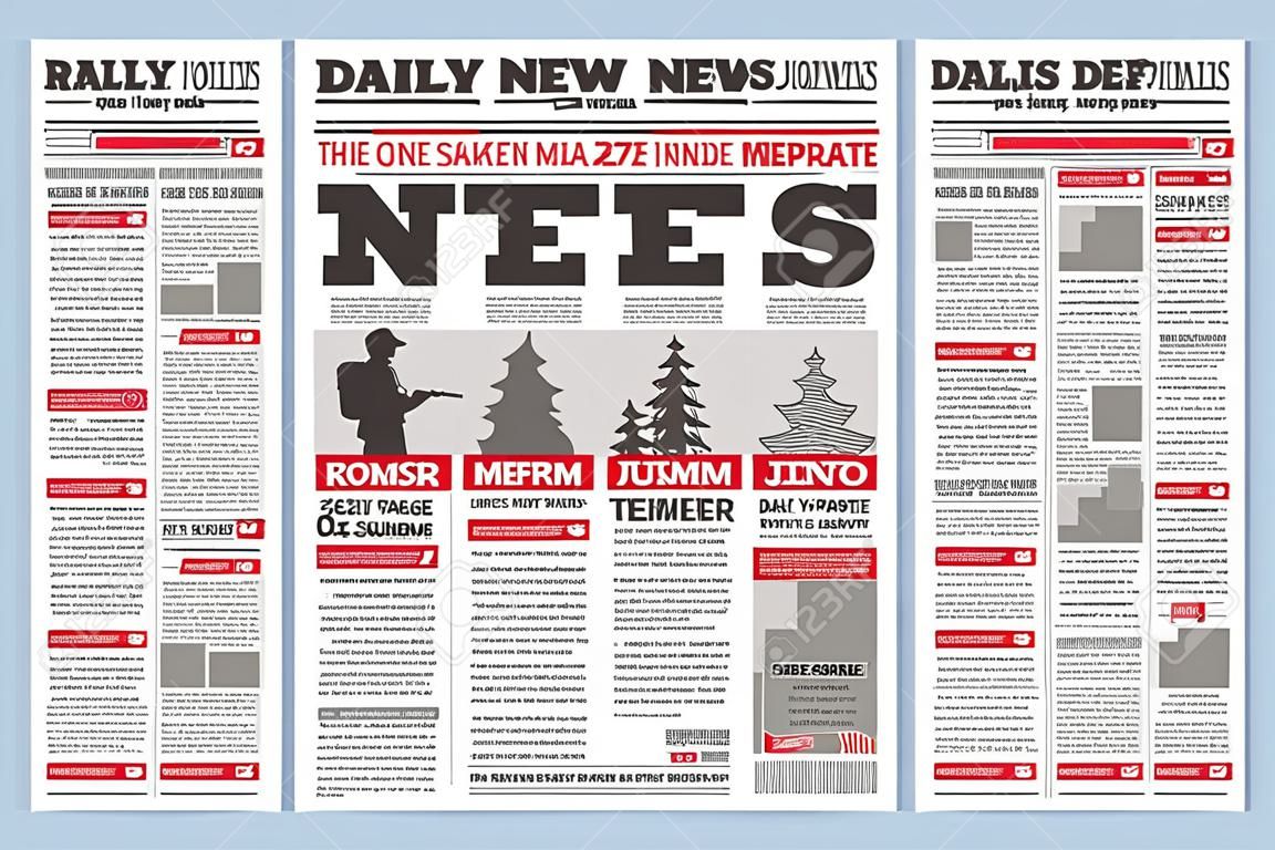 Vintage krant tijdschrift template. Typografie ontwerp met kolommen, dagelijks nieuws pagina lay-out, info pers concept. Papier roddelblad over krantenpapier, reportage informatie vector illustratie.