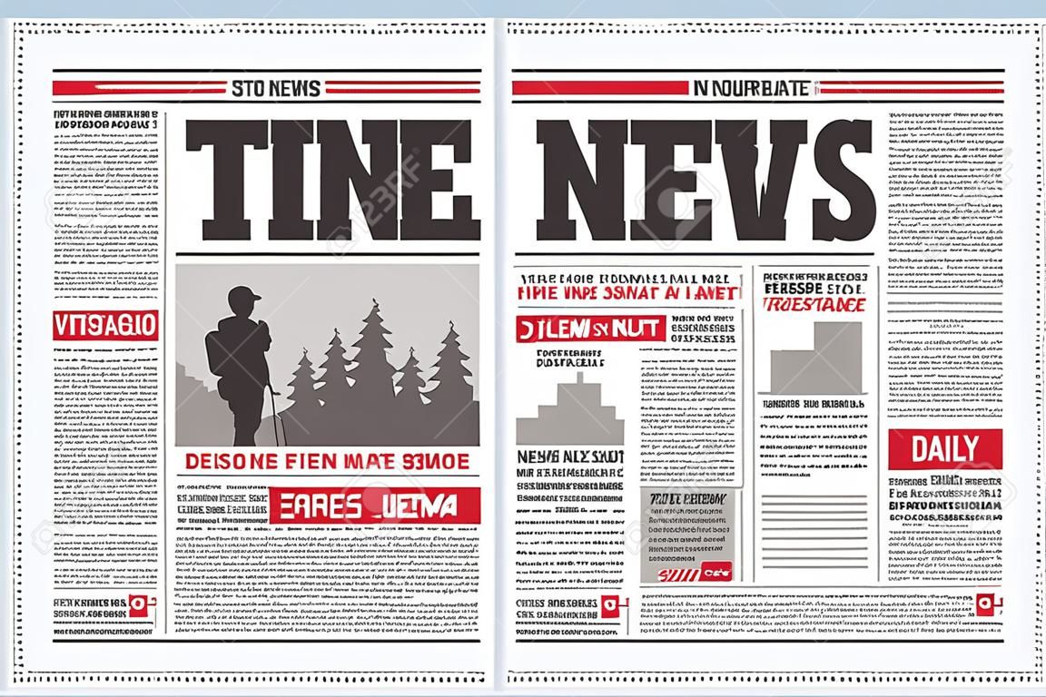 老式报纸期刊模板。与列的印刷术设计，每日新闻页面设计，信息新闻概念。在新闻纸，报告文学信息传染媒介例证的纸小报。