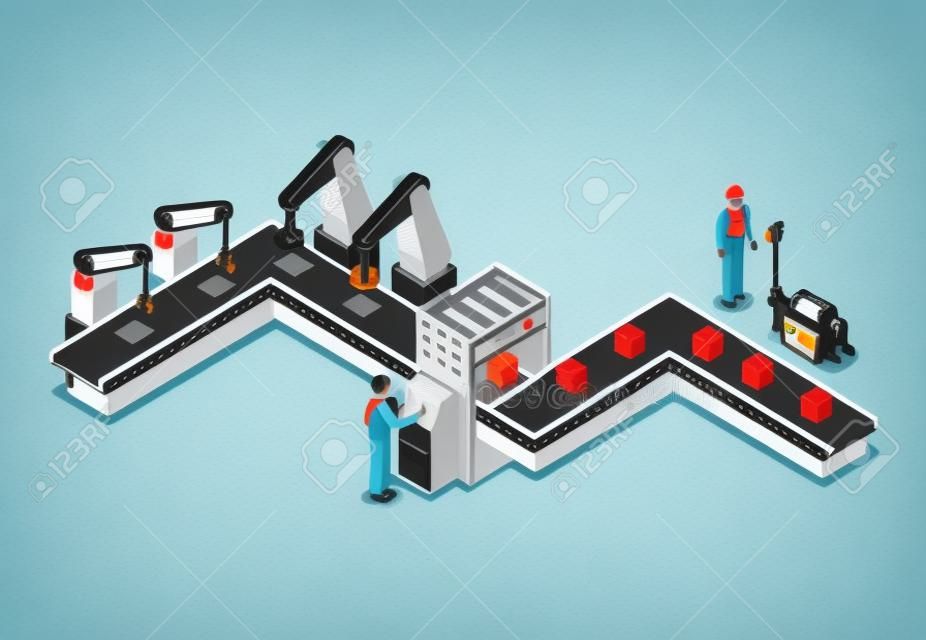 Modern belt production line isometric 3D icon. Industrial goods production, mechanical conveyor manufacturing process, assembly line vector illustration.