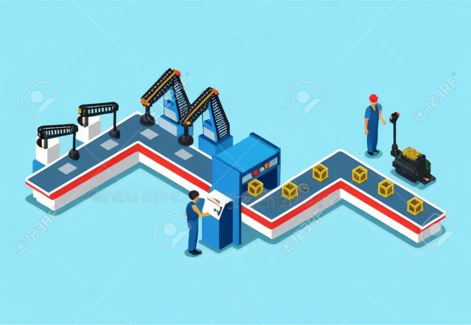 Modern belt production line isometric 3D icon. Industrial goods production, mechanical conveyor manufacturing process, assembly line vector illustration.