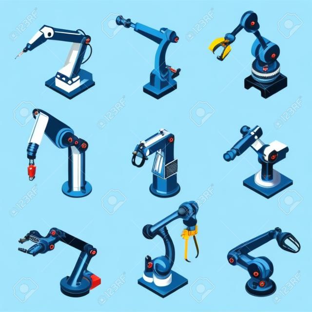 Industrial robot manipulator isometric set. Robotic arm for assembly line vector illustration.