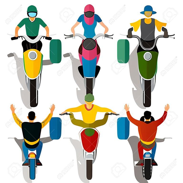 Cartoon collection of people riding motorcycles and bicycles in row isolated on white background