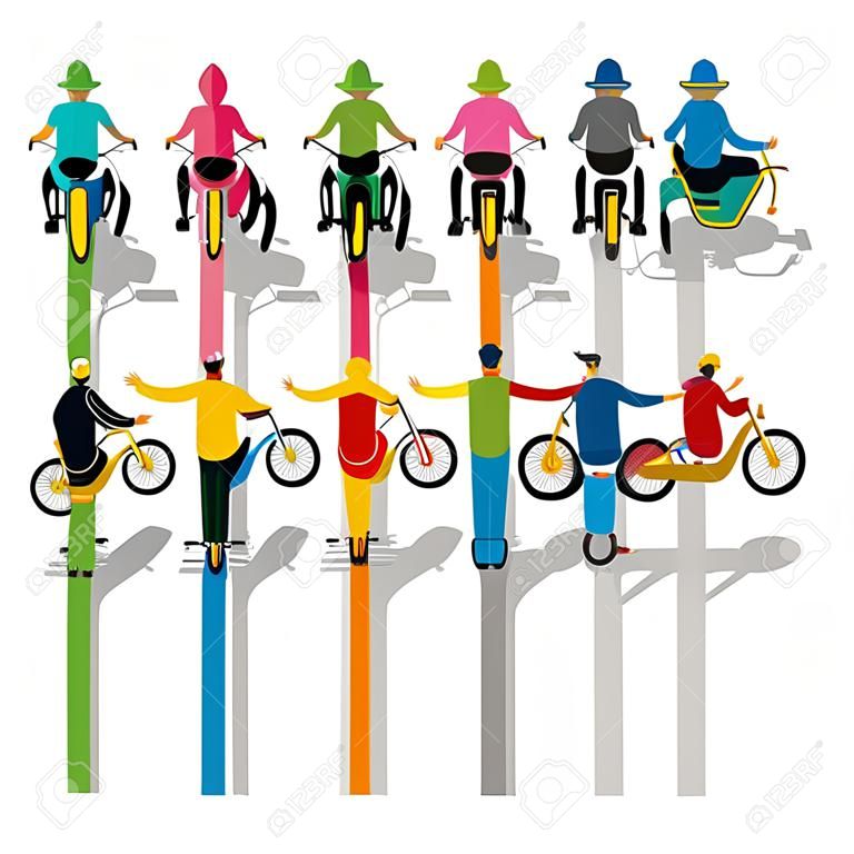 Cartoon collection of people riding motorcycles and bicycles in row isolated on white background