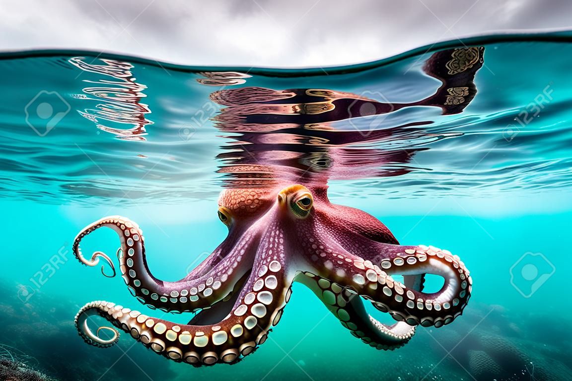 Flotando en el mar de pulpo de agua clara con tentáculos extendidos