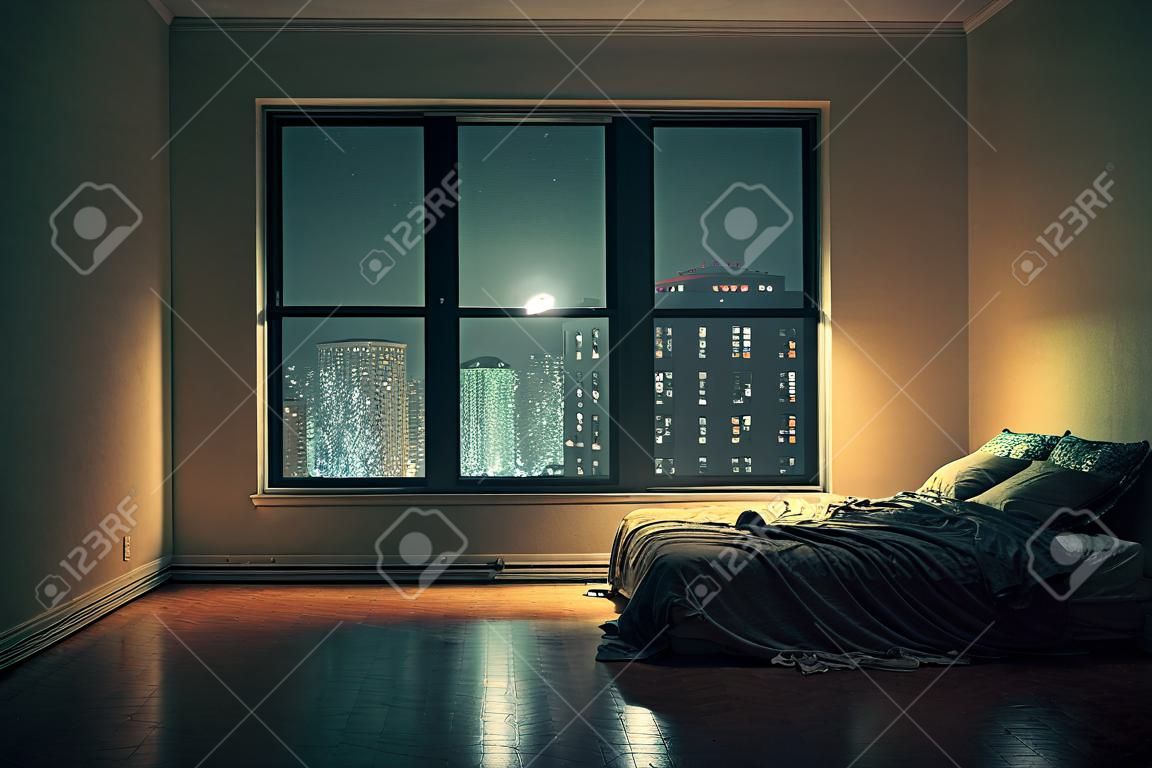 Camera da letto vuota di notte con finestra che si affaccia sulla strada ai generativa