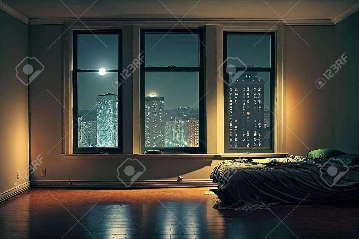 Camera da letto vuota di notte con finestra che si affaccia sulla strada ai generativa