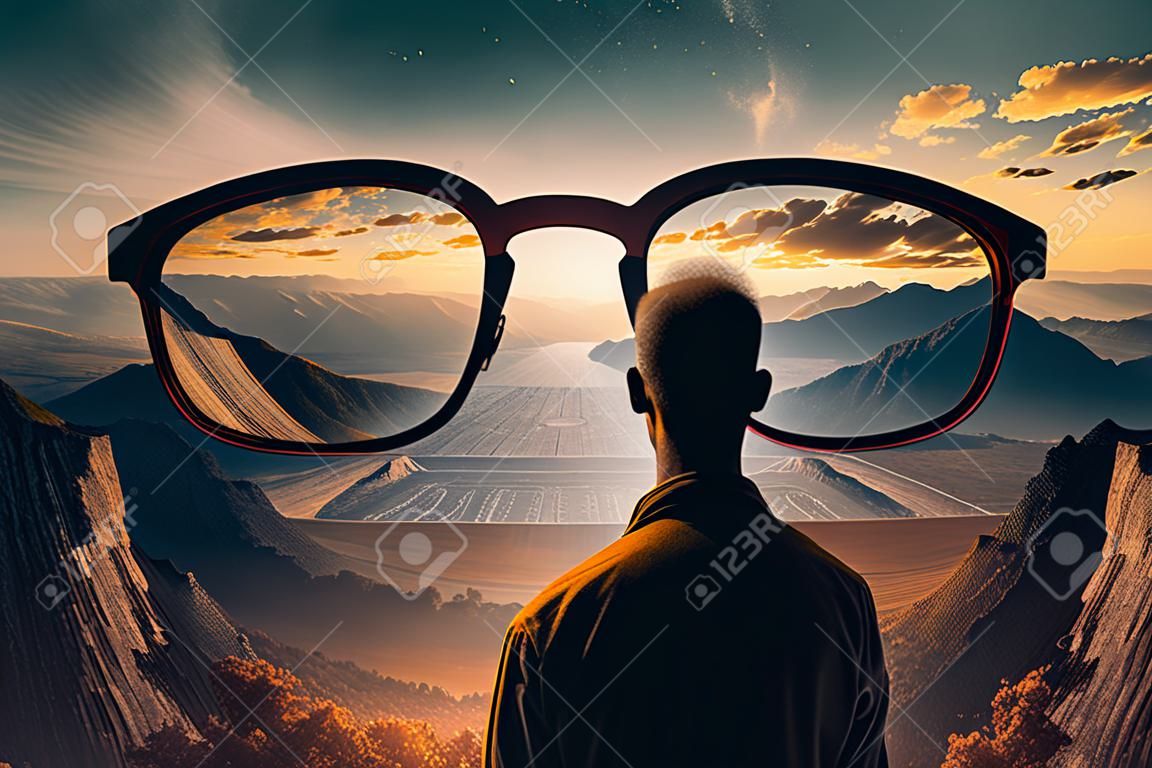 Persona, parada frente a una gran vista, con anteojos, creada con IA generativa
