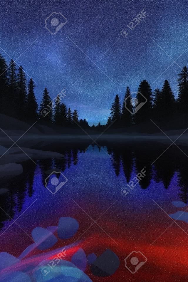 Ciel rempli d'étoiles se reflétant sur un lac calme, créé avec une IA générative