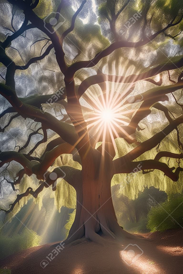 majestic oak tree with sunrays filtering through branches, created with generative ai