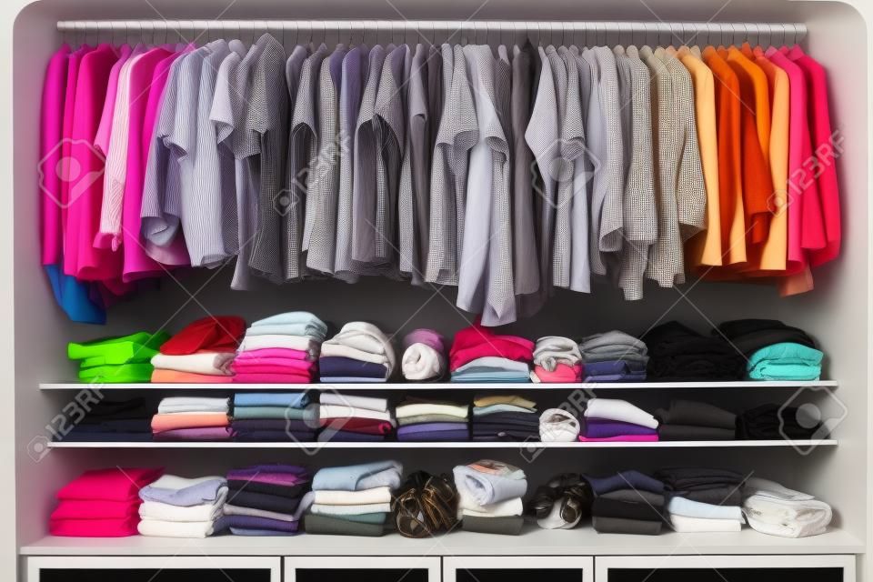 Ubrania uporządkowane według kolorów w szafie utworzonej za pomocą generatywnej sztucznej inteligencji