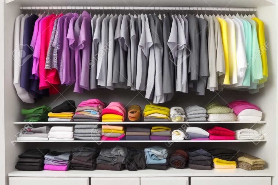 Ubrania uporządkowane według kolorów w szafie utworzonej za pomocą generatywnej sztucznej inteligencji