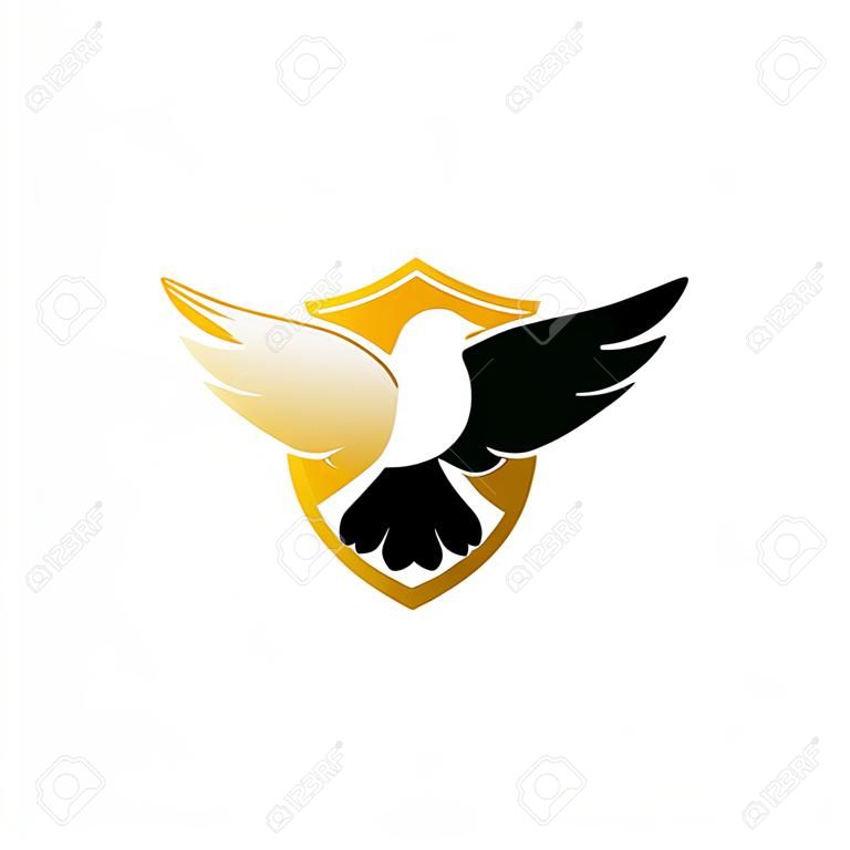 Taube mit Schildsymbol. Abstrakte fliegende Taubenschild-Silhouette-Design auf weißem Hintergrund.