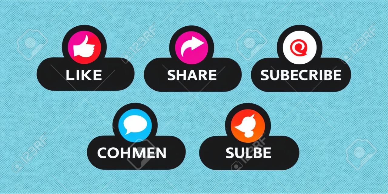 Like, Share, Comment, Subscribe and share icon button vector illustration. Set of social media button or icon vector illustration design template for video channel, blog and background banner concept