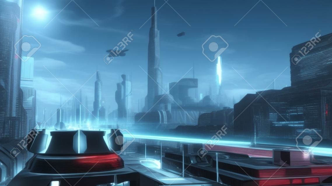 Futuristic sci-fi city street view, 3d digitally rendered illustration
