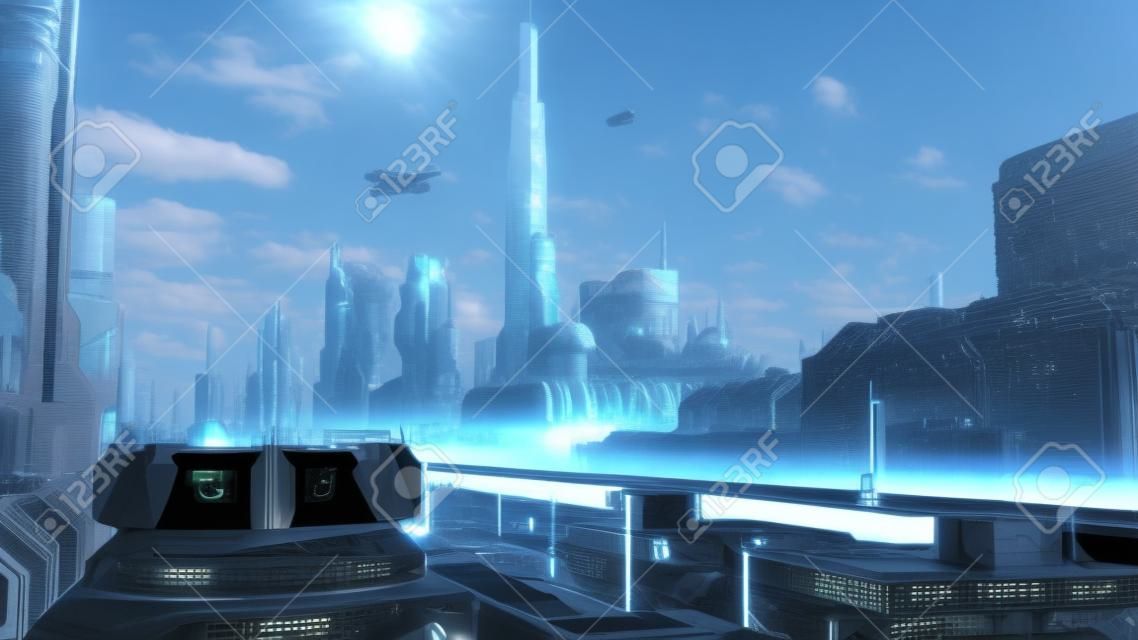Futuristic sci-fi city street view, 3d digitaal weergegeven illustratie