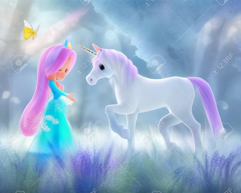 Mignon toon Fairytale princesse et licorne magique dans une scène fantastique forêt, 3d numériquement rendu illustration