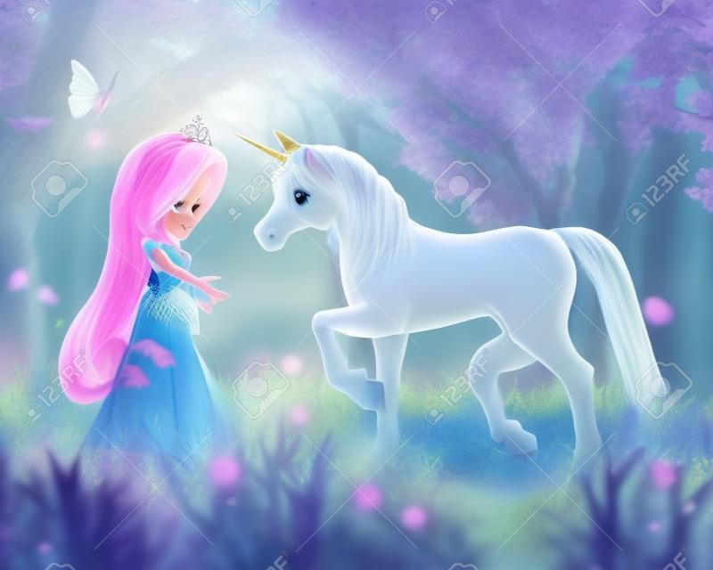 Toon lindo cuento de hadas Princesa y el unicornio mágico en una escena de fantasía bosque, 3d digital rindió la ilustración