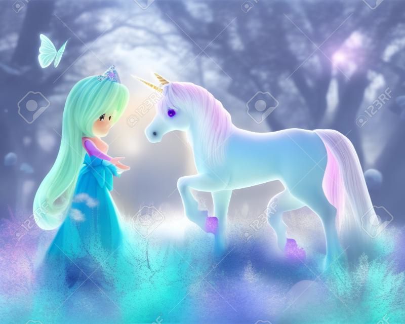 Toon lindo cuento de hadas Princesa y el unicornio mágico en una escena de fantasía bosque, 3d digital rindió la ilustración