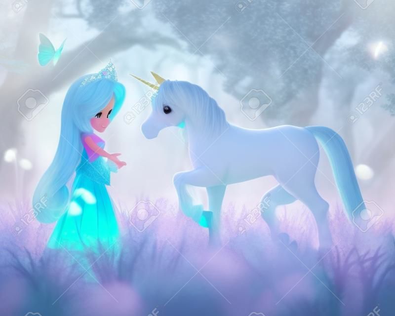 Mignon toon Fairytale princesse et licorne magique dans une scène fantastique forêt, 3d numériquement rendu illustration