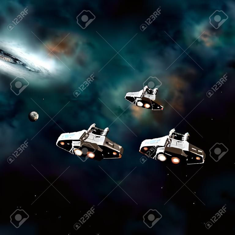 Science fiction ilustracja trzech kosmicznych zbliża ciemną obcej planety w przestrzeni kosmicznej, 3d cyfrowo świadczonych ilustracji