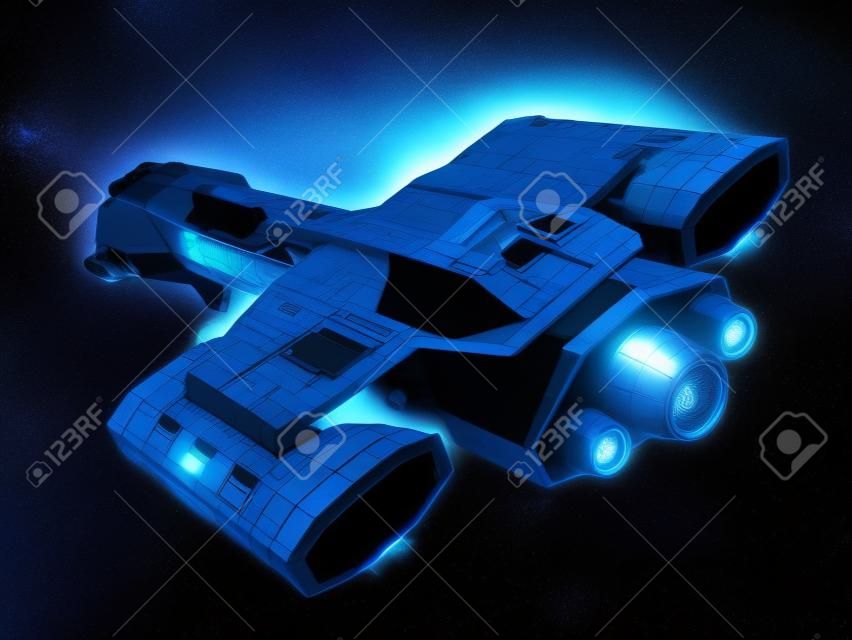 Science fiction illustration of a spaceship isolated on a black background with blue engine glow, top angled view, 3d digitally rendered illustration