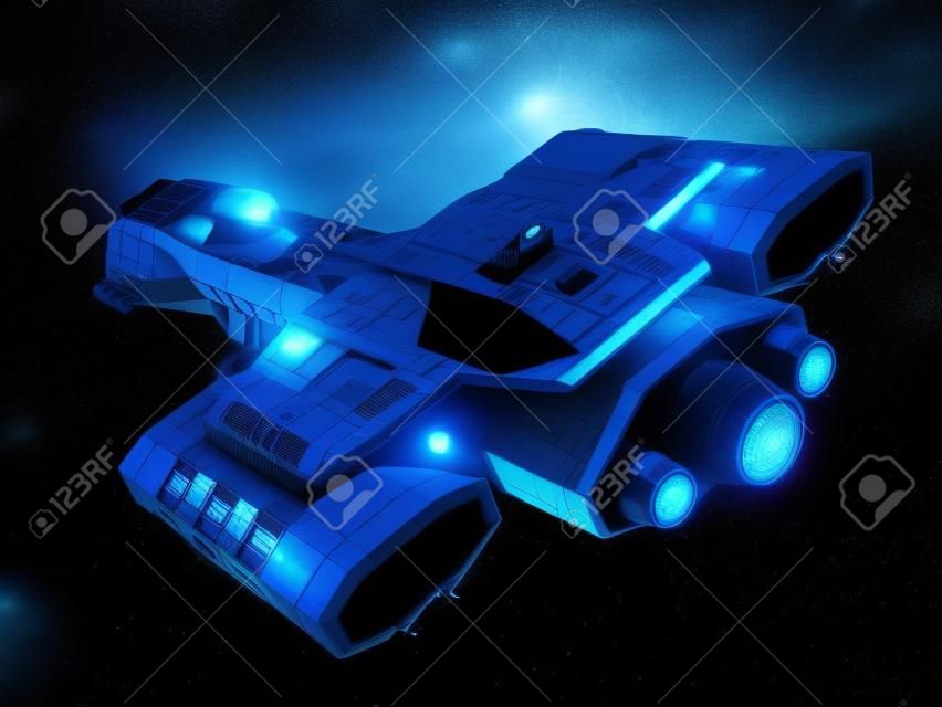 Ilustración de ciencia ficción de una nave espacial aislada sobre un fondo negro con brillo de motor azul, vista en ángulo superior, 3d rindió la ilustración digital