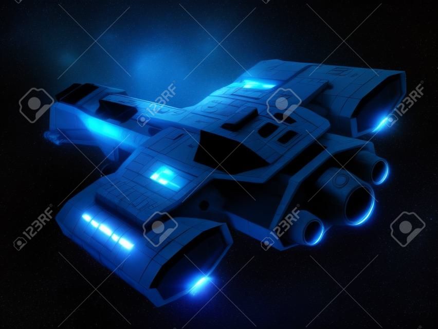 科幻小说描绘了一个在黑色背景下的宇宙飞船，蓝色引擎发光，顶部倾斜，三维数字渲染。