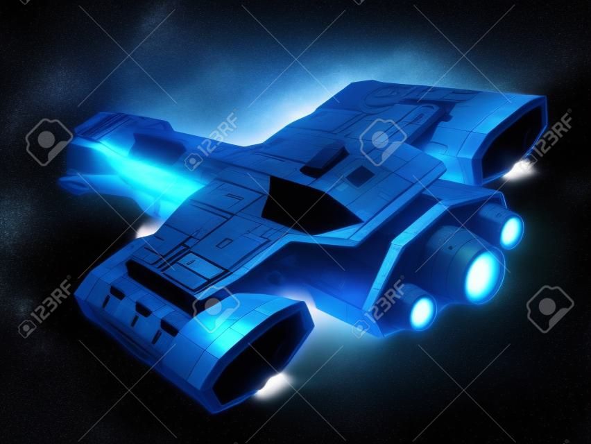 Ilustração de ficção científica de uma nave espacial isolada em um fundo preto com brilho azul do motor, vista angular superior, ilustração 3d renderizada digitalmente
