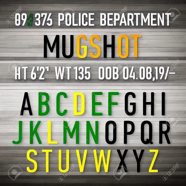Politie mugshot bord teken alfabet, nummers en leestekens