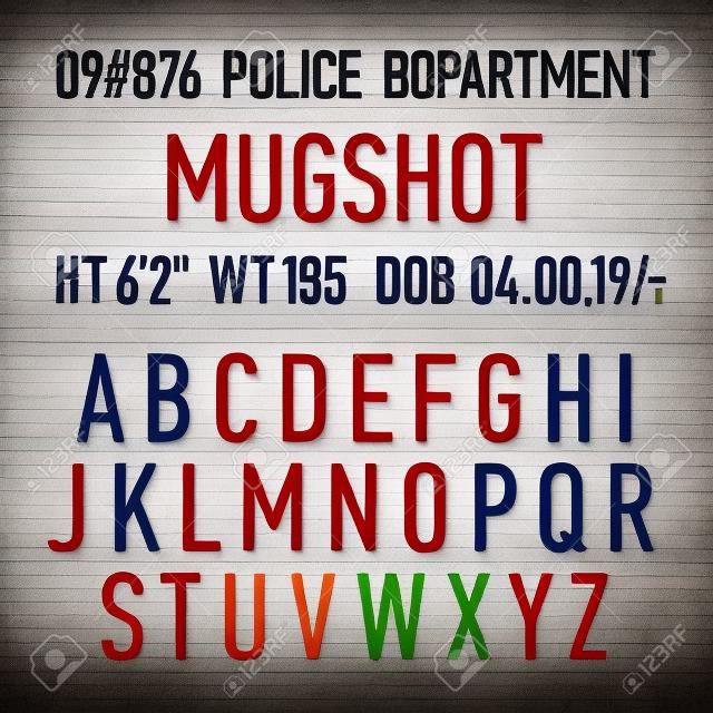 Police mugshot board sign alphabet, numbers and punctuation symbols