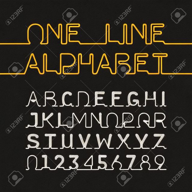Alfabeto e números de uma linha. Uma única fonte de linha contínua
