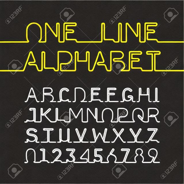Eine Zeile Alphabet und Zahlen. Eine einzige durchgehende Linie Schriftart