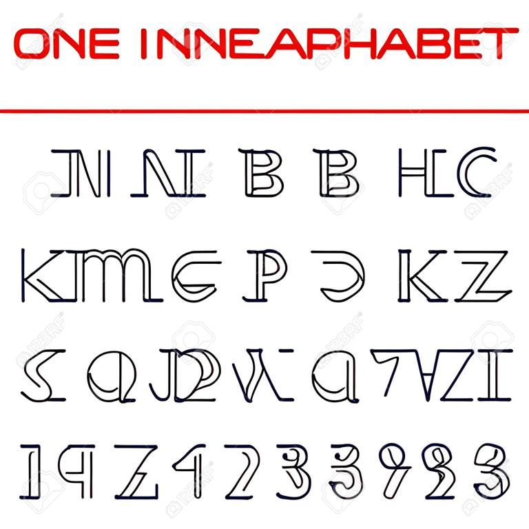 Eine Zeile Alphabet und Zahlen. Eine einzige durchgehende Linie Schriftart