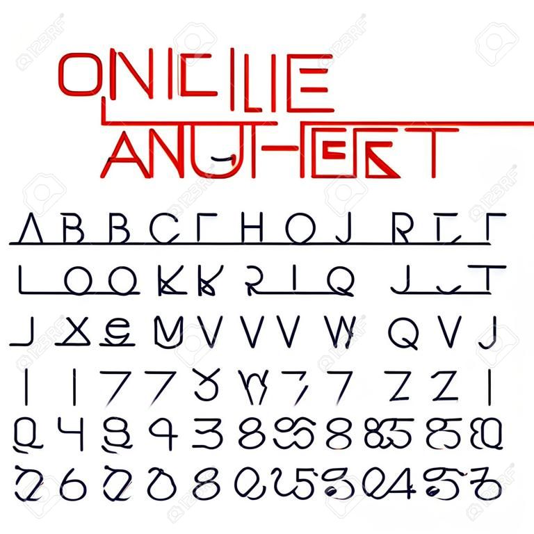 Un alfabeto di linea e numeri. Un singolo carattere linea continua