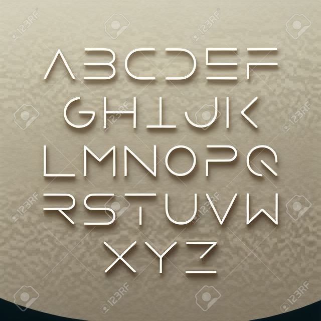 Estilo de linha extra fina, fonte moderna maiúsculo linear, tipografia, estilo minimalista. Letras do alfabeto latino.
