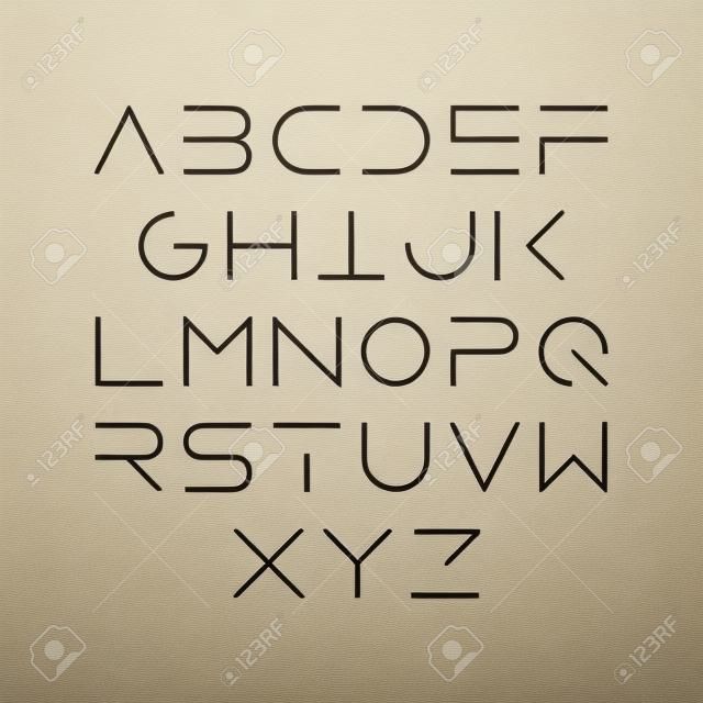 styl cienka linia, liniowy wielka nowoczesna czcionka, krój pisma, minimalistycznym stylu. Łacińskie litery alfabetu.