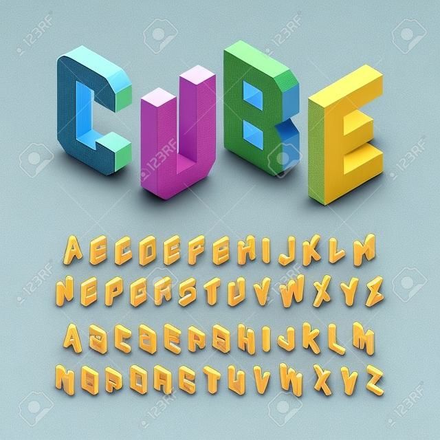 Isometric 3d font, three-dimensional alphabet letters.