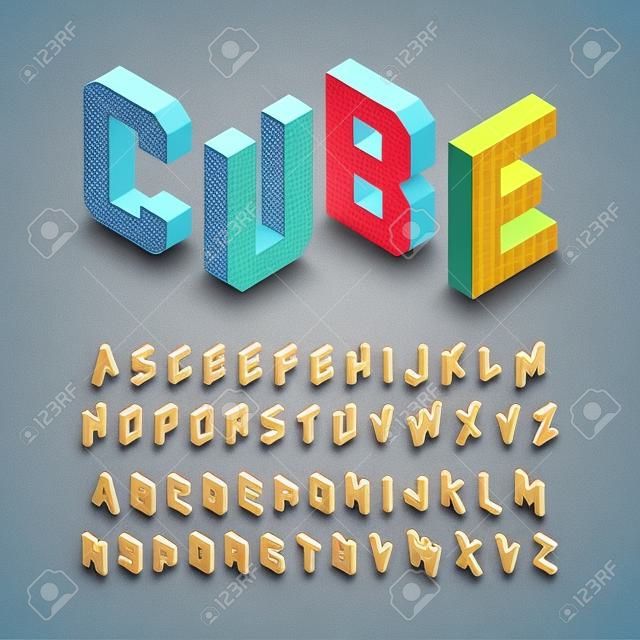 Isometric 3d font, three-dimensional alphabet letters.