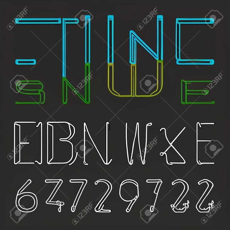 Thin Single Line Schriftart. Eine durchgehende Linie moderne Schrift, Alphabet und Zahlen.