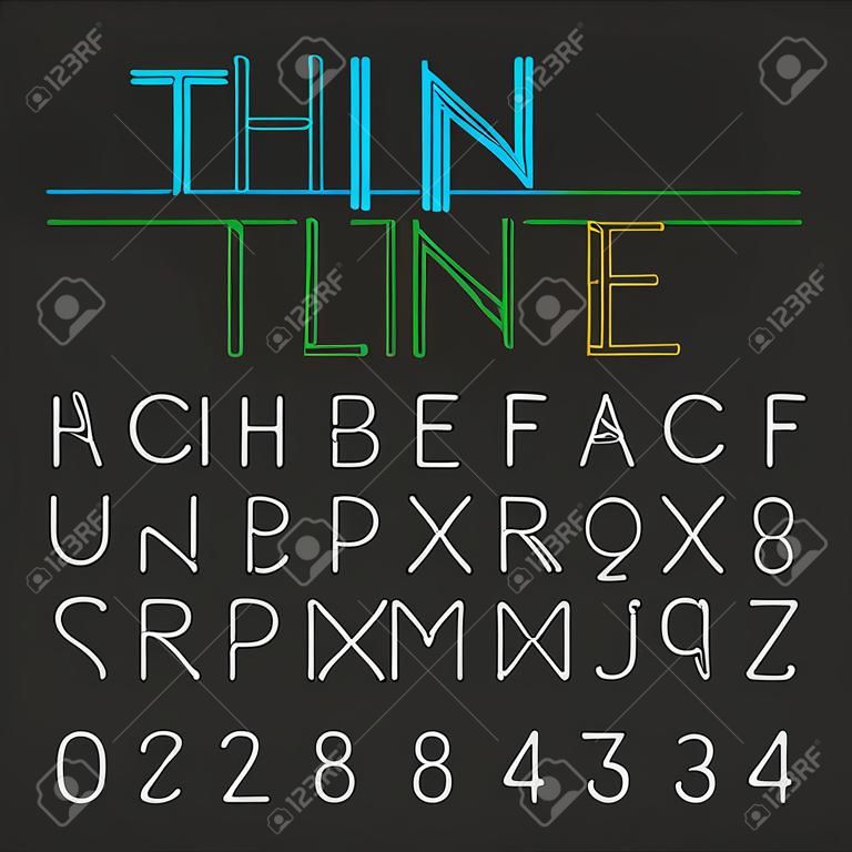 Thin Fuentes sola línea. Una línea continua moderna fuente, el alfabeto y los números.