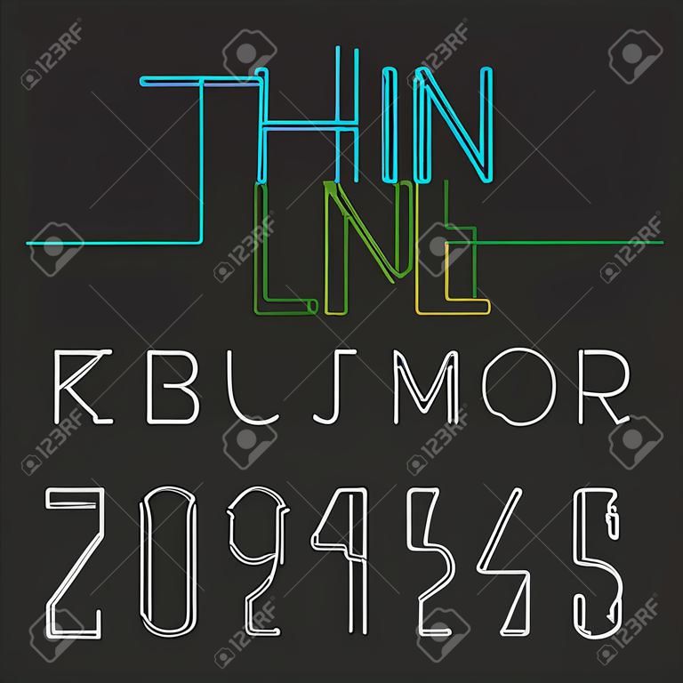 Тонкая Однолинейный шрифта. Одна сплошная линия современный шрифт, алфавит и цифры.