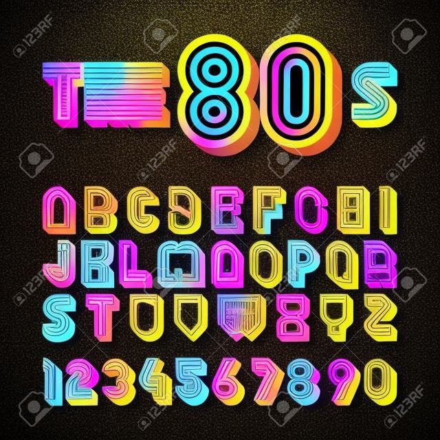 Style rétro rétro style années 80. Design de police des années 80 avec des ombres, style discothèque, alphabet et numéros
