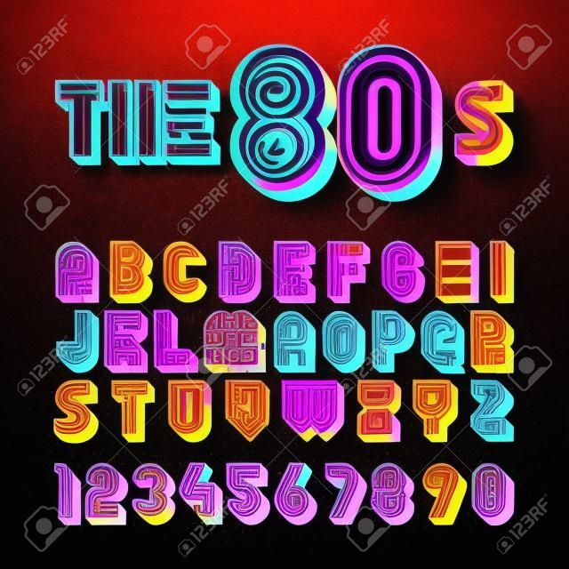 Style rétro rétro style années 80. Design de police des années 80 avec des ombres, style discothèque, alphabet et numéros