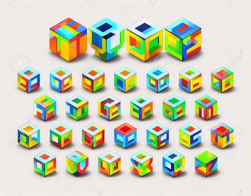 Kubusvorm 3d isometrische lettertype, driedimensionale alfabetletters