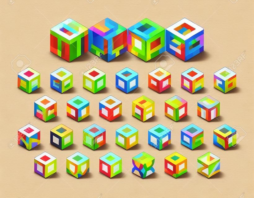 Forme cubique de forme isométrique 3D, lettres alphabétiques à trois dimensions