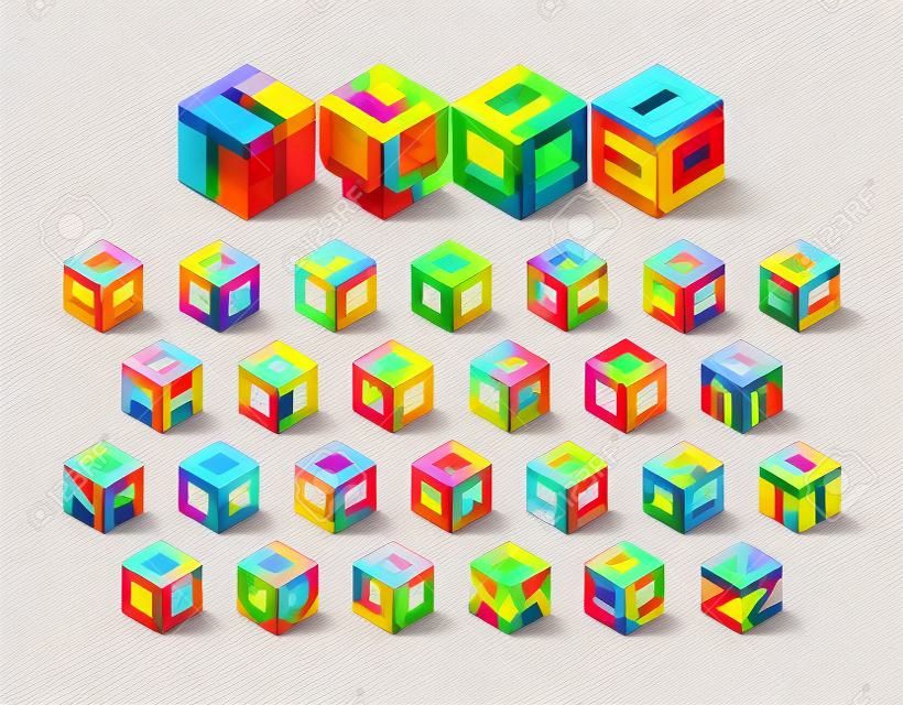 Cube shape 3d isometric font, three-dimentional alphabet letters